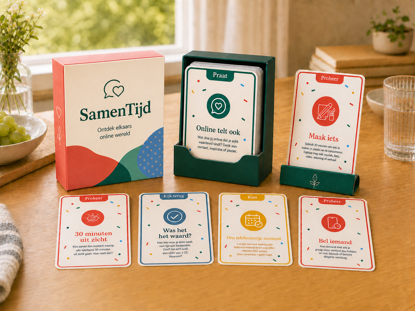 SamenTijd kaartset en voorbeeldkaarten op een keukentafel